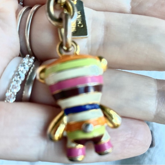 COACH RARE Metal Vintage Legacy Striped Teddy Bear Keychain w Gemstone Eyes GUC - Picture 3 of 7
